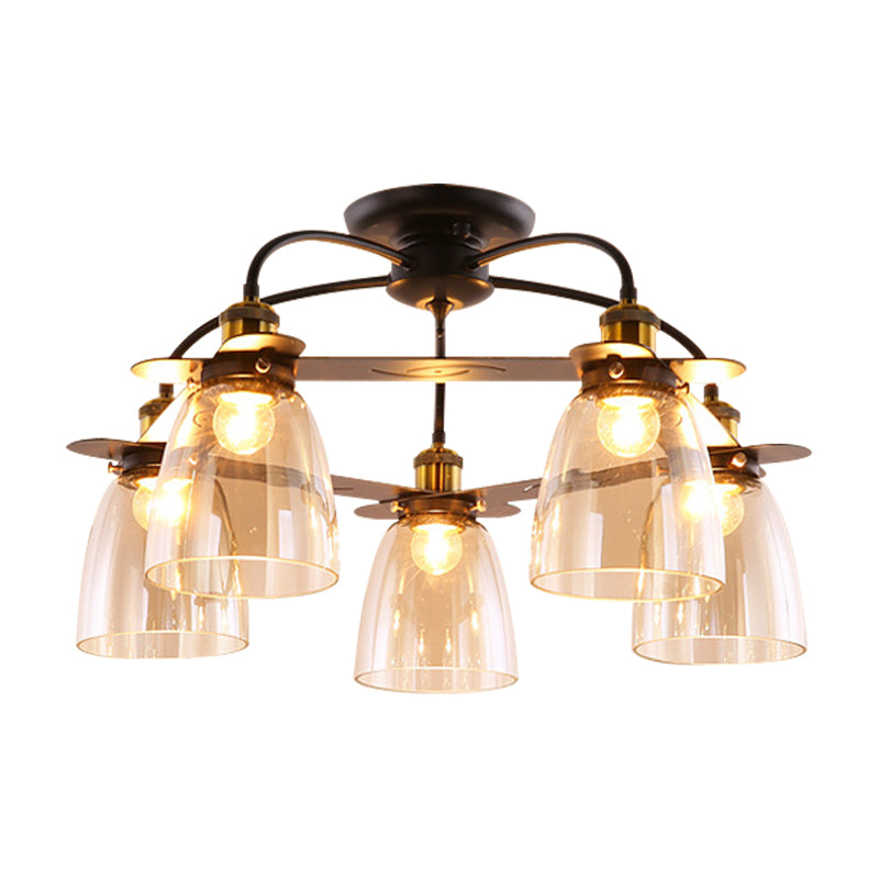 Cognac Glass Bell Semi Flush Lighting Industrial 3/5/6 Heads Living Room Ceiling Lamp in Aged Brass 5 Antique Brass Clearhalo 'Ceiling Lights' 'Chandeliers' 'Close To Ceiling Lights' 'Close to ceiling' 'Glass shade' 'Glass' 'Semi-flushmount' Lighting' 1968850