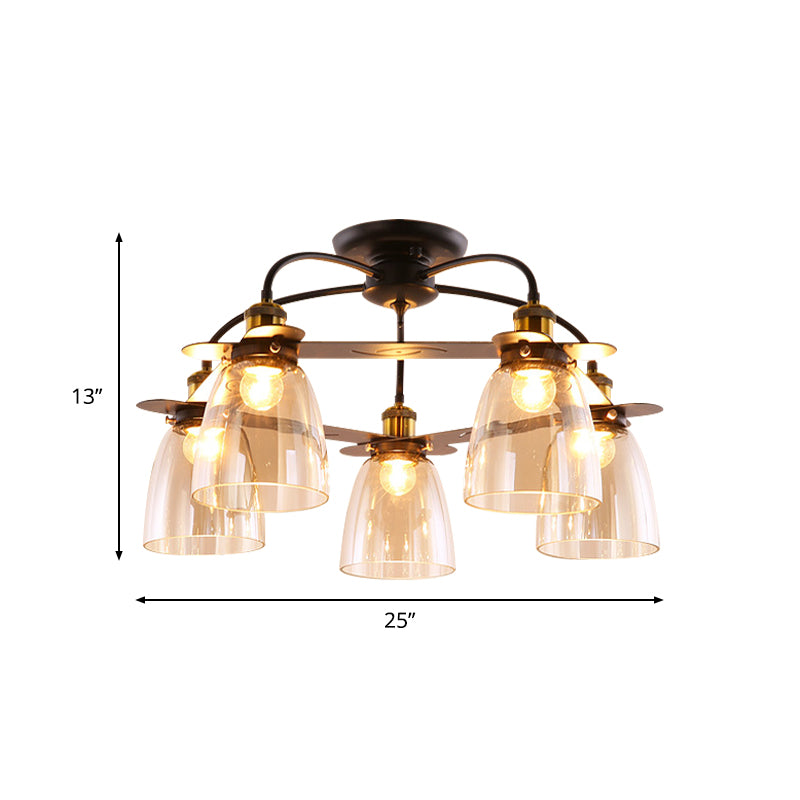 Cognac Glass Bell Semi Flush Lighting Industrial 3/5/6 Heads Living Room Ceiling Lamp in Aged Brass Clearhalo 'Ceiling Lights' 'Chandeliers' 'Close To Ceiling Lights' 'Close to ceiling' 'Glass shade' 'Glass' 'Semi-flushmount' Lighting' 1968851