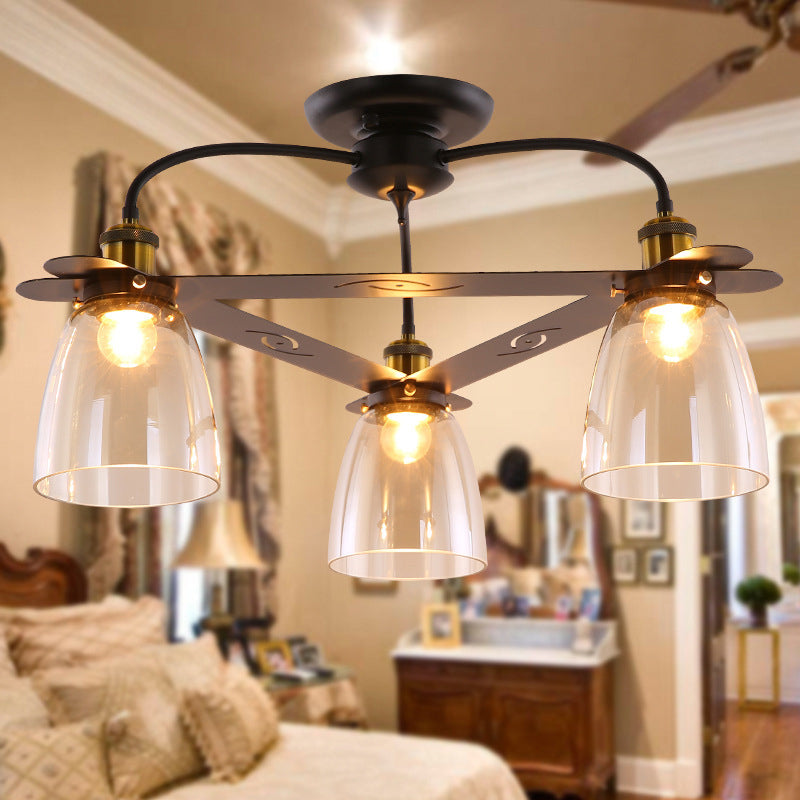 Cognac Glass Bell Semi Flush Lighting Industrial 3/5/6 Heads Living Room Ceiling Lamp in Aged Brass Clearhalo 'Ceiling Lights' 'Chandeliers' 'Close To Ceiling Lights' 'Close to ceiling' 'Glass shade' 'Glass' 'Semi-flushmount' Lighting' 1968852