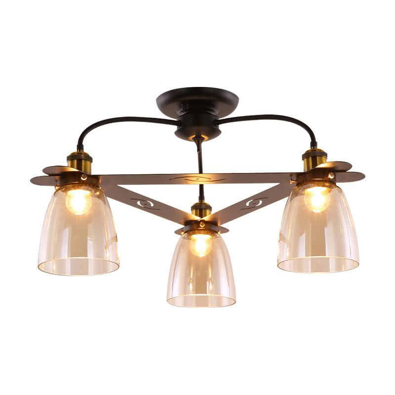 Cognac Glass Bell Semi Flush Lighting Industrial 3/5/6 Heads Living Room Ceiling Lamp in Aged Brass 3 Antique Brass Clearhalo 'Ceiling Lights' 'Chandeliers' 'Close To Ceiling Lights' 'Close to ceiling' 'Glass shade' 'Glass' 'Semi-flushmount' Lighting' 1968853