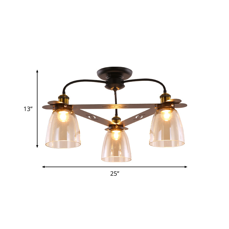Cognac Glass Bell Semi Flush Lighting Industrial 3/5/6 Heads Living Room Ceiling Lamp in Aged Brass Clearhalo 'Ceiling Lights' 'Chandeliers' 'Close To Ceiling Lights' 'Close to ceiling' 'Glass shade' 'Glass' 'Semi-flushmount' Lighting' 1968854