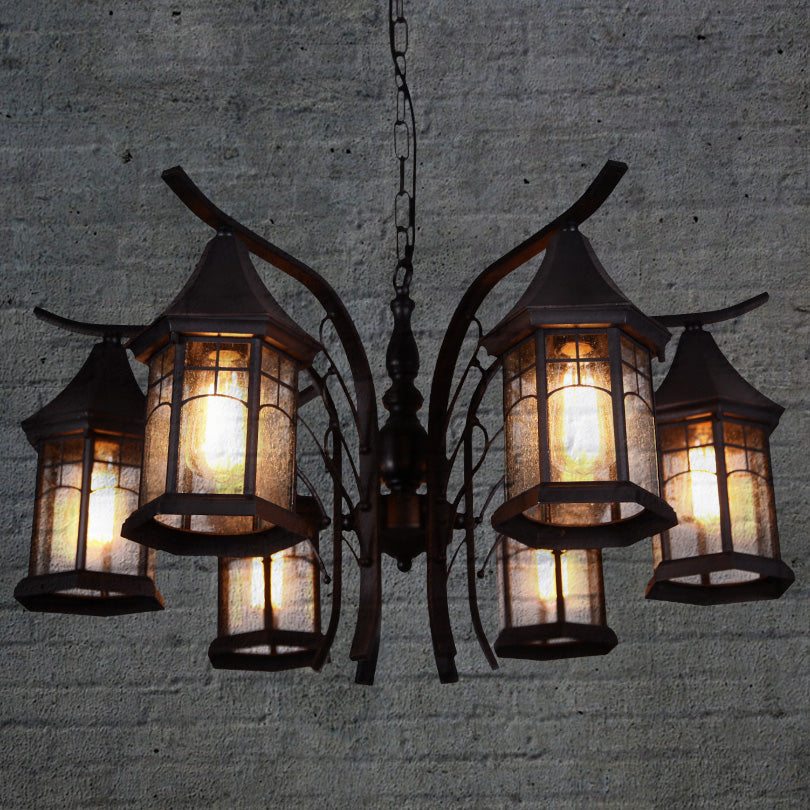 Black 3/5/6 Heads Ceiling Light Industrial Clear Glass Lantern Chandelier Light Fixture Clearhalo 'Ceiling Lights' 'Chandeliers' 'Glass shade' 'Glass' 'Industrial Chandeliers' 'Industrial' 'Middle Century Chandeliers' 'Tiffany' Lighting' 1968876