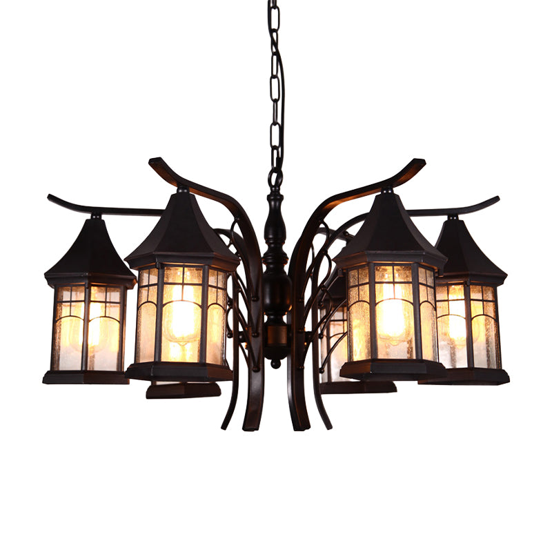 Black 3/5/6 Heads Ceiling Light Industrial Clear Glass Lantern Chandelier Light Fixture Clearhalo 'Ceiling Lights' 'Chandeliers' 'Glass shade' 'Glass' 'Industrial Chandeliers' 'Industrial' 'Middle Century Chandeliers' 'Tiffany' Lighting' 1968878