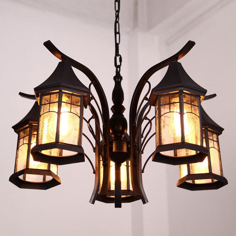 Black 3/5/6 Heads Ceiling Light Industrial Clear Glass Lantern Chandelier Light Fixture Clearhalo 'Ceiling Lights' 'Chandeliers' 'Glass shade' 'Glass' 'Industrial Chandeliers' 'Industrial' 'Middle Century Chandeliers' 'Tiffany' Lighting' 1968880