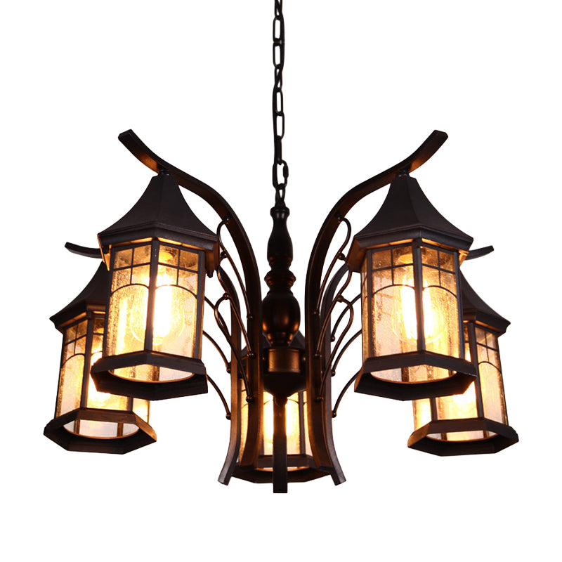 Black 3/5/6 Heads Ceiling Light Industrial Clear Glass Lantern Chandelier Light Fixture Clearhalo 'Ceiling Lights' 'Chandeliers' 'Glass shade' 'Glass' 'Industrial Chandeliers' 'Industrial' 'Middle Century Chandeliers' 'Tiffany' Lighting' 1968882