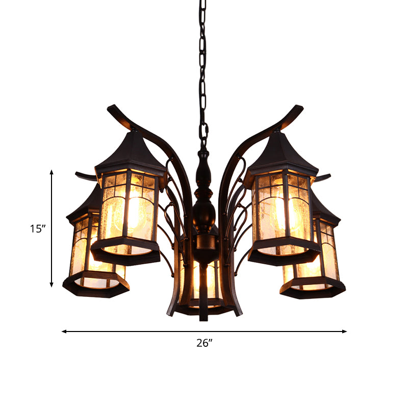 Black 3/5/6 Heads Ceiling Light Industrial Clear Glass Lantern Chandelier Light Fixture Clearhalo 'Ceiling Lights' 'Chandeliers' 'Glass shade' 'Glass' 'Industrial Chandeliers' 'Industrial' 'Middle Century Chandeliers' 'Tiffany' Lighting' 1968883