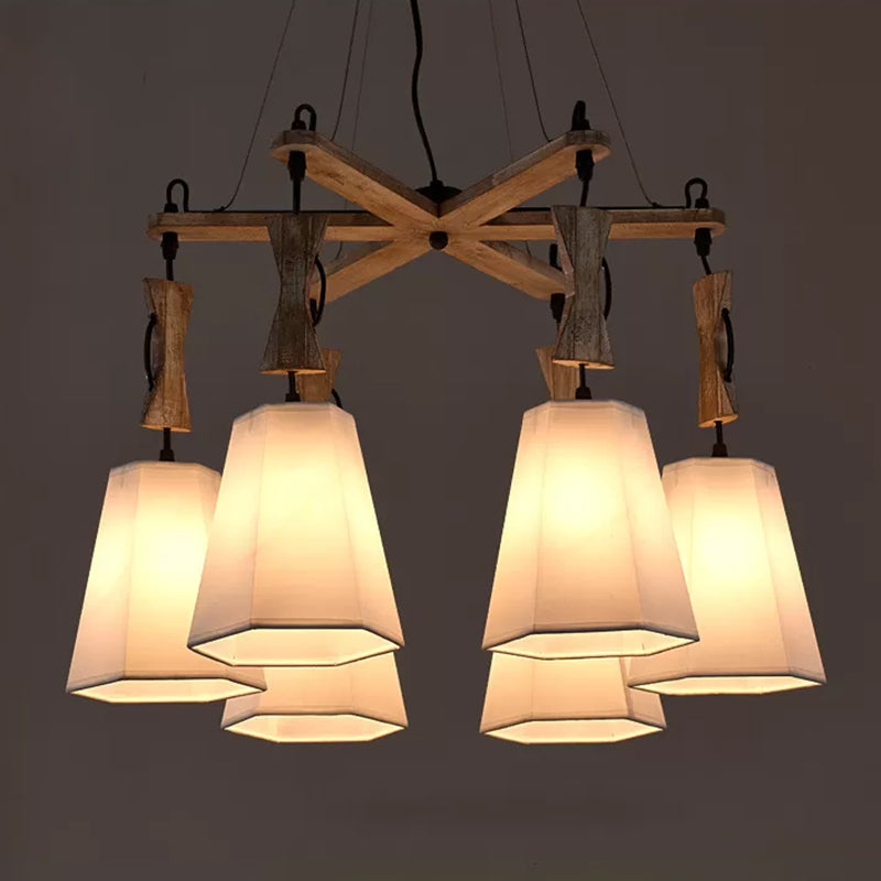 6 Heads Tapered Chandelier Lighting Industrial Black/White/Flaxen Wood Ceiling Suspension Lamp Clearhalo 'Carpenter Chandeliers' 'Ceiling Lights' 'Chandeliers' 'Industrial Chandeliers' 'Industrial' 'Middle Century Chandeliers' 'Modern' 'Tiffany' Lighting' 1968900