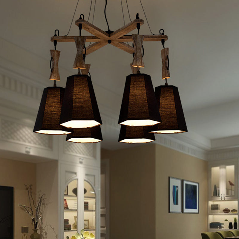 6 Heads Tapered Chandelier Lighting Industrial Black/White/Flaxen Wood Ceiling Suspension Lamp Clearhalo 'Carpenter Chandeliers' 'Ceiling Lights' 'Chandeliers' 'Industrial Chandeliers' 'Industrial' 'Middle Century Chandeliers' 'Modern' 'Tiffany' Lighting' 1968901