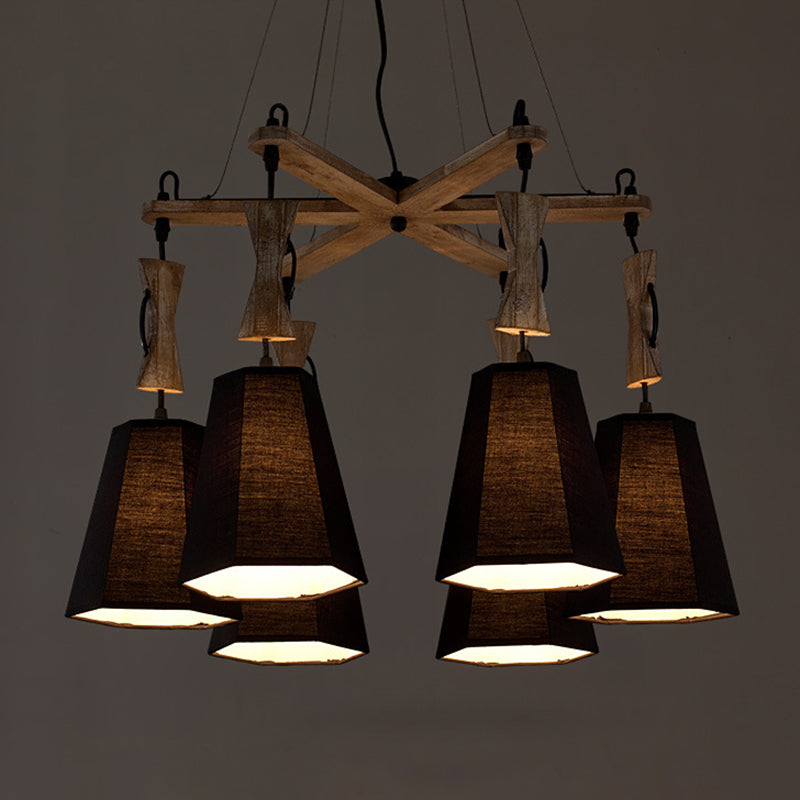 6 Heads Tapered Chandelier Lighting Industrial Black/White/Flaxen Wood Ceiling Suspension Lamp Clearhalo 'Carpenter Chandeliers' 'Ceiling Lights' 'Chandeliers' 'Industrial Chandeliers' 'Industrial' 'Middle Century Chandeliers' 'Modern' 'Tiffany' Lighting' 1968903