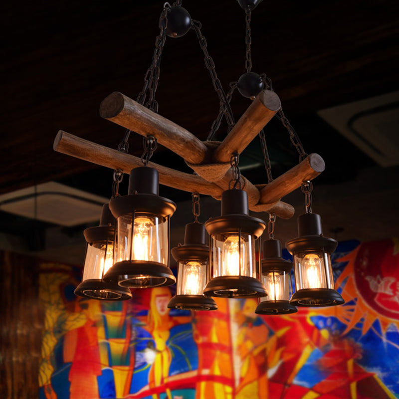 6 Heads Wood Pendant Lamp Industrial Wood Lantern Restaurant Chandelier Light Fixture Clearhalo 'Carpenter Chandeliers' 'Ceiling Lights' 'Chandeliers' 'Industrial Chandeliers' 'Industrial' 'Middle Century Chandeliers' 'Modern' 'Tiffany' Lighting' 1968905