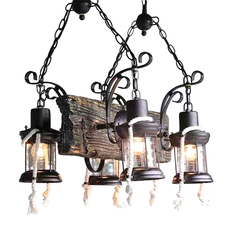 Lantern Clear Glass Chandelier Lamp Industrial 4/6 Heads Restaurant Ceiling Pendant Light in Wood Clearhalo 'Cast Iron' 'Ceiling Lights' 'Chandeliers' 'Industrial Chandeliers' 'Industrial' 'Metal' 'Middle Century Chandeliers' 'Rustic Chandeliers' 'Tiffany' Lighting' 1968914