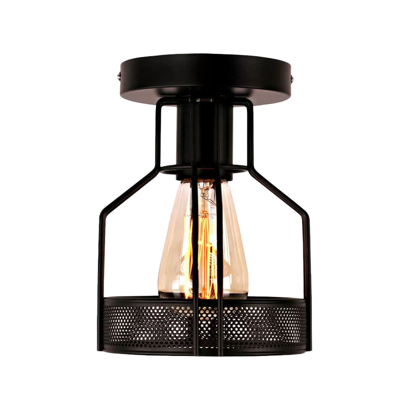 Cage Bistro Semi Flush Mount Lamp Rustic Iron 1 Bulb Black Ceiling Light with Mesh Detail Clearhalo 'Ceiling Lights' 'Close To Ceiling Lights' 'Close to ceiling' 'Semi-flushmount' Lighting' 1968957
