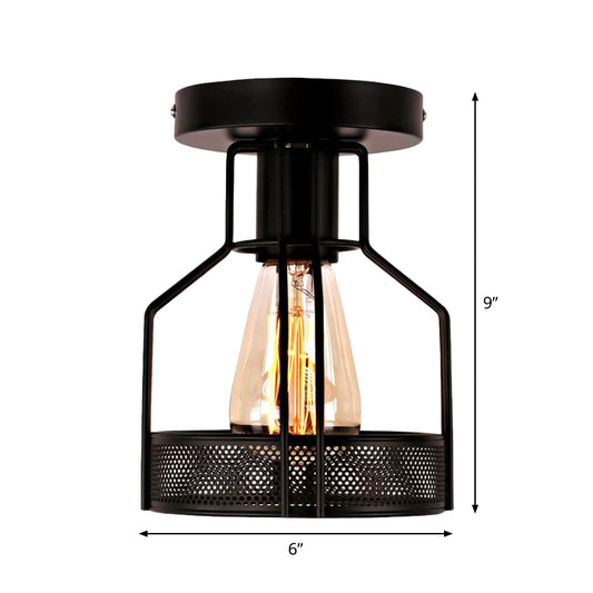 Cage Bistro Semi Flush Mount Lamp Rustic Iron 1 Bulb Black Ceiling Light with Mesh Detail Clearhalo 'Ceiling Lights' 'Close To Ceiling Lights' 'Close to ceiling' 'Semi-flushmount' Lighting' 1968959
