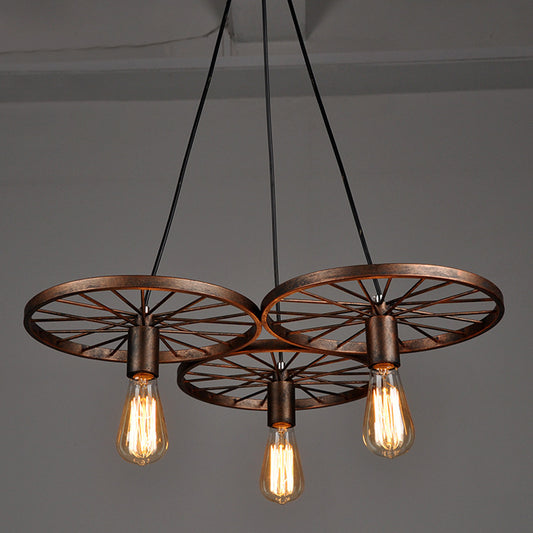 Rust Wheel Chandelier Lamp Industrial Wrought Iron 3/6-Head Dining Room Suspension Pendant 3 Rust Clearhalo 'Cast Iron' 'Ceiling Lights' 'Chandeliers' 'Industrial Chandeliers' 'Industrial' 'Metal' 'Middle Century Chandeliers' 'Rustic Chandeliers' 'Tiffany' Lighting' 1968965