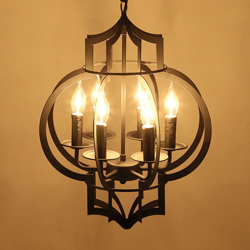 Metallic Black Hanging Chandelier Lantern 6-Light Retro Style Ceiling Suspension Lamp Black Clearhalo 'Cast Iron' 'Ceiling Lights' 'Chandeliers' 'Industrial Chandeliers' 'Industrial' 'Metal' 'Middle Century Chandeliers' 'Rustic Chandeliers' 'Tiffany' Lighting' 1968969
