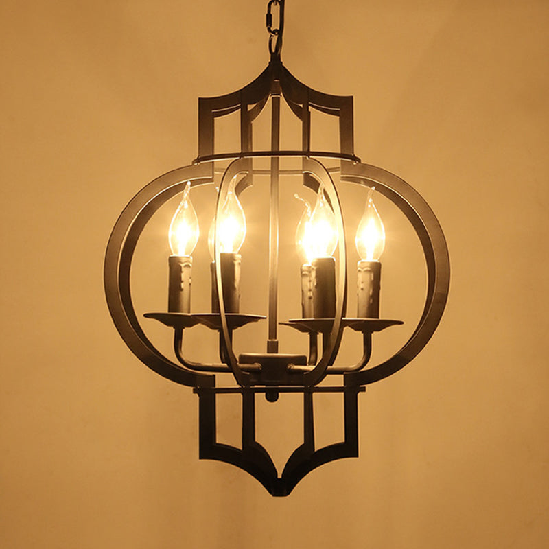 Metallic Black Hanging Chandelier Lantern 6-Light Retro Style Ceiling Suspension Lamp Clearhalo 'Cast Iron' 'Ceiling Lights' 'Chandeliers' 'Industrial Chandeliers' 'Industrial' 'Metal' 'Middle Century Chandeliers' 'Rustic Chandeliers' 'Tiffany' Lighting' 1968970