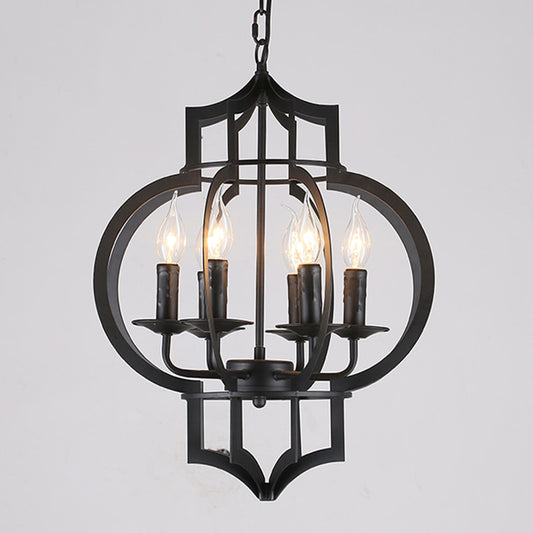 Metallic Black Hanging Chandelier Lantern 6-Light Retro Style Ceiling Suspension Lamp Clearhalo 'Cast Iron' 'Ceiling Lights' 'Chandeliers' 'Industrial Chandeliers' 'Industrial' 'Metal' 'Middle Century Chandeliers' 'Rustic Chandeliers' 'Tiffany' Lighting' 1968971