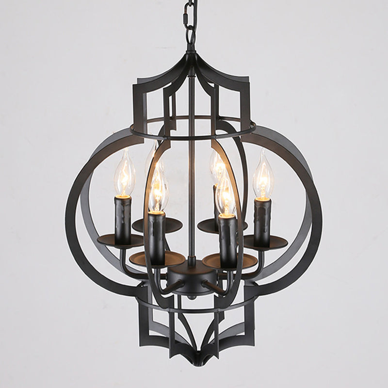 Metallic Black Hanging Chandelier Lantern 6-Light Retro Style Ceiling Suspension Lamp Clearhalo 'Cast Iron' 'Ceiling Lights' 'Chandeliers' 'Industrial Chandeliers' 'Industrial' 'Metal' 'Middle Century Chandeliers' 'Rustic Chandeliers' 'Tiffany' Lighting' 1968972