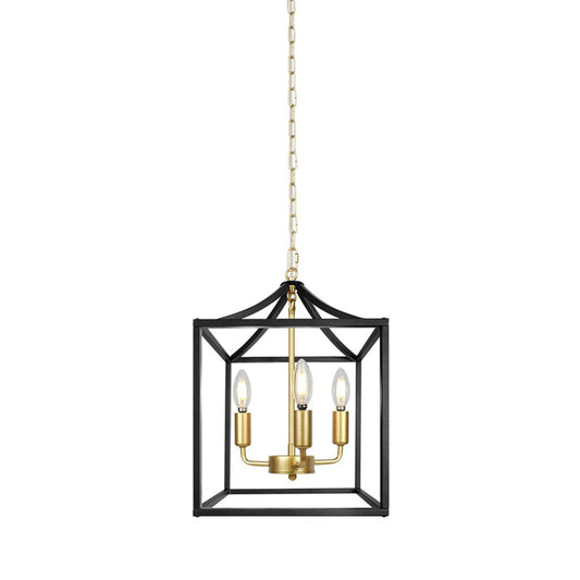 3 Lights Chandelier Lamp Industrial Kitchen Ceiling Pendant with Square Iron Cage in Black/Gold Gold Clearhalo 'Cast Iron' 'Ceiling Lights' 'Chandeliers' 'Industrial Chandeliers' 'Industrial' 'Metal' 'Middle Century Chandeliers' 'Rustic Chandeliers' 'Tiffany' Lighting' 1968981