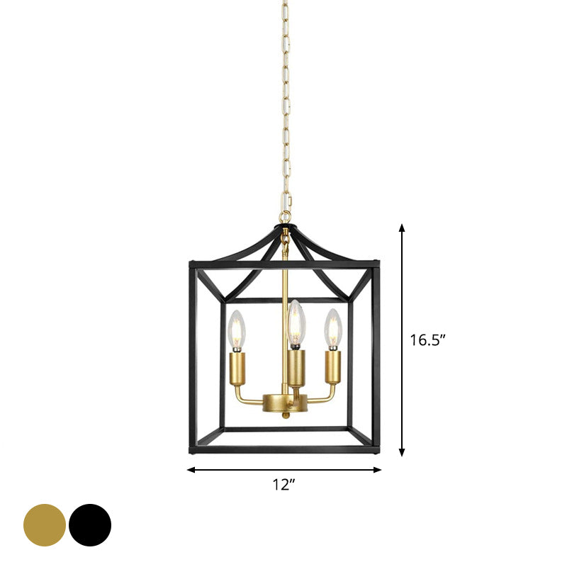 3 Lights Chandelier Lamp Industrial Kitchen Ceiling Pendant with Square Iron Cage in Black/Gold Clearhalo 'Cast Iron' 'Ceiling Lights' 'Chandeliers' 'Industrial Chandeliers' 'Industrial' 'Metal' 'Middle Century Chandeliers' 'Rustic Chandeliers' 'Tiffany' Lighting' 1968982