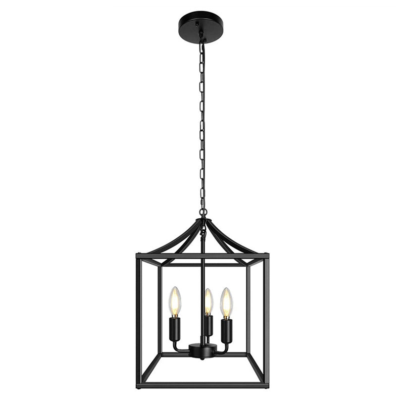 3 Lights Chandelier Lamp Industrial Kitchen Ceiling Pendant with Square Iron Cage in Black/Gold Black Clearhalo 'Cast Iron' 'Ceiling Lights' 'Chandeliers' 'Industrial Chandeliers' 'Industrial' 'Metal' 'Middle Century Chandeliers' 'Rustic Chandeliers' 'Tiffany' Lighting' 1968983