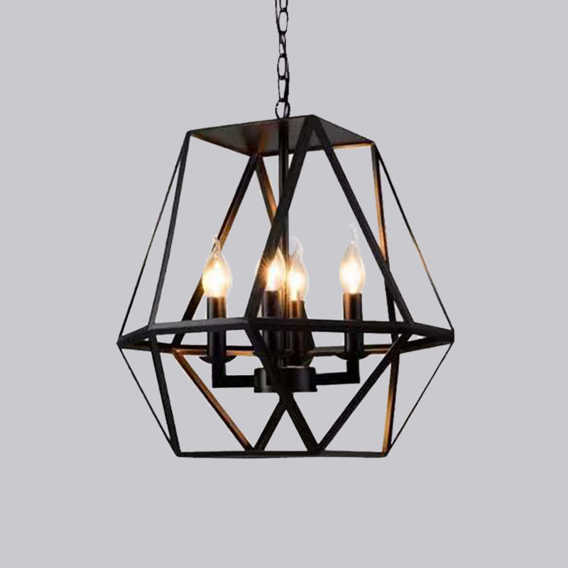 4 Bulbs Chandelier Pendant Rustic Trapezoid Cage Iron Hanging Light Fixture in Black Black Clearhalo 'Cast Iron' 'Ceiling Lights' 'Chandeliers' 'Industrial Chandeliers' 'Industrial' 'Metal' 'Middle Century Chandeliers' 'Rustic Chandeliers' 'Tiffany' Lighting' 1968989