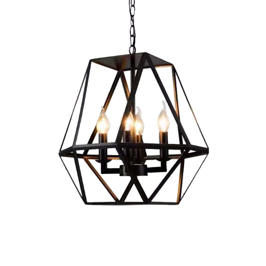 4 Bulbs Chandelier Pendant Rustic Trapezoid Cage Iron Hanging Light Fixture in Black Clearhalo 'Cast Iron' 'Ceiling Lights' 'Chandeliers' 'Industrial Chandeliers' 'Industrial' 'Metal' 'Middle Century Chandeliers' 'Rustic Chandeliers' 'Tiffany' Lighting' 1968990