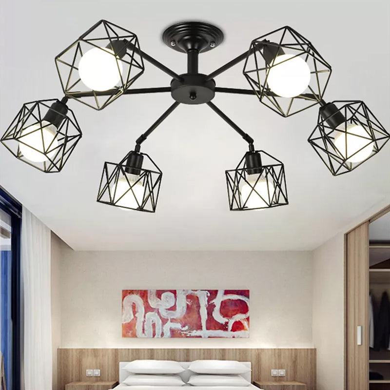 Iron Wire Cage Rotating Ceiling Chandelier Warehouse 4/6/8-Light Bedroom Pendant Lamp in Black 6 Black Clearhalo 'Cast Iron' 'Ceiling Lights' 'Chandeliers' 'Industrial Chandeliers' 'Industrial' 'Metal' 'Middle Century Chandeliers' 'Rustic Chandeliers' 'Tiffany' Lighting' 1968992
