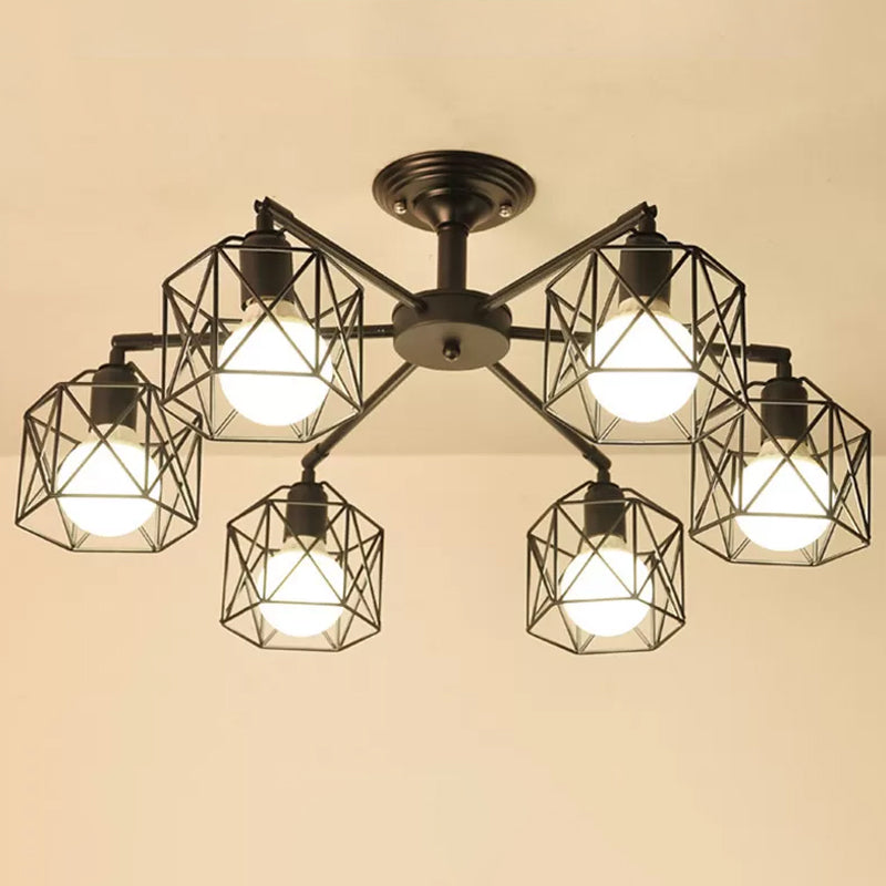 Iron Wire Cage Rotating Ceiling Chandelier Warehouse 4/6/8-Light Bedroom Pendant Lamp in Black Clearhalo 'Cast Iron' 'Ceiling Lights' 'Chandeliers' 'Industrial Chandeliers' 'Industrial' 'Metal' 'Middle Century Chandeliers' 'Rustic Chandeliers' 'Tiffany' Lighting' 1968993