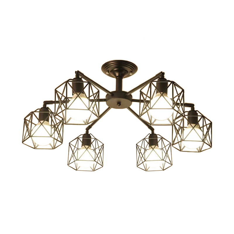 Iron Wire Cage Rotating Ceiling Chandelier Warehouse 4/6/8-Light Bedroom Pendant Lamp in Black Clearhalo 'Cast Iron' 'Ceiling Lights' 'Chandeliers' 'Industrial Chandeliers' 'Industrial' 'Metal' 'Middle Century Chandeliers' 'Rustic Chandeliers' 'Tiffany' Lighting' 1968994