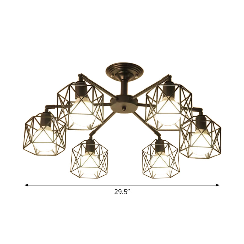 Iron Wire Cage Rotating Ceiling Chandelier Warehouse 4/6/8-Light Bedroom Pendant Lamp in Black Clearhalo 'Cast Iron' 'Ceiling Lights' 'Chandeliers' 'Industrial Chandeliers' 'Industrial' 'Metal' 'Middle Century Chandeliers' 'Rustic Chandeliers' 'Tiffany' Lighting' 1968995