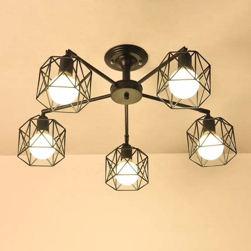 Iron Wire Cage Rotating Ceiling Chandelier Warehouse 4/6/8-Light Bedroom Pendant Lamp in Black 5 Black Clearhalo 'Cast Iron' 'Ceiling Lights' 'Chandeliers' 'Industrial Chandeliers' 'Industrial' 'Metal' 'Middle Century Chandeliers' 'Rustic Chandeliers' 'Tiffany' Lighting' 1969000