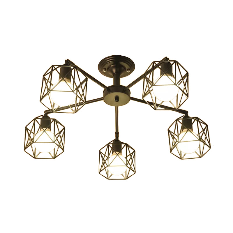 Iron Wire Cage Rotating Ceiling Chandelier Warehouse 4/6/8-Light Bedroom Pendant Lamp in Black Clearhalo 'Cast Iron' 'Ceiling Lights' 'Chandeliers' 'Industrial Chandeliers' 'Industrial' 'Metal' 'Middle Century Chandeliers' 'Rustic Chandeliers' 'Tiffany' Lighting' 1969001