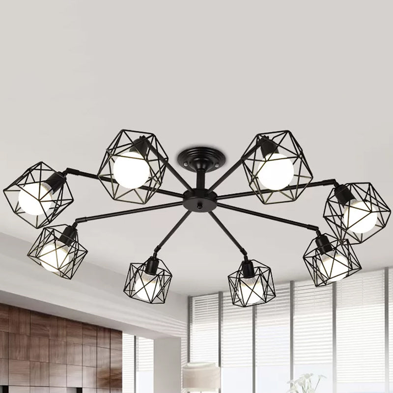 Iron Wire Cage Rotating Ceiling Chandelier Warehouse 4/6/8-Light Bedroom Pendant Lamp in Black 8 Black Clearhalo 'Cast Iron' 'Ceiling Lights' 'Chandeliers' 'Industrial Chandeliers' 'Industrial' 'Metal' 'Middle Century Chandeliers' 'Rustic Chandeliers' 'Tiffany' Lighting' 1969003