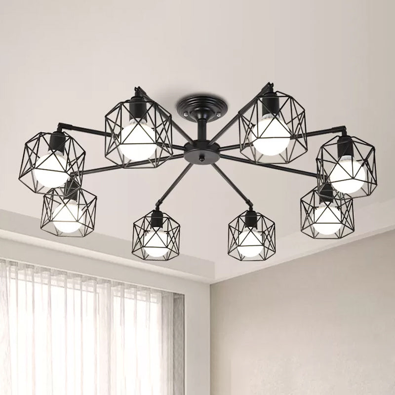 Iron Wire Cage Rotating Ceiling Chandelier Warehouse 4/6/8-Light Bedroom Pendant Lamp in Black Clearhalo 'Cast Iron' 'Ceiling Lights' 'Chandeliers' 'Industrial Chandeliers' 'Industrial' 'Metal' 'Middle Century Chandeliers' 'Rustic Chandeliers' 'Tiffany' Lighting' 1969004