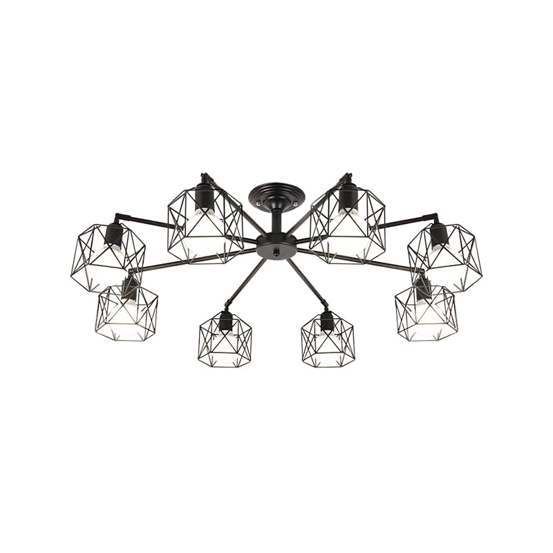 Iron Wire Cage Rotating Ceiling Chandelier Warehouse 4/6/8-Light Bedroom Pendant Lamp in Black Clearhalo 'Cast Iron' 'Ceiling Lights' 'Chandeliers' 'Industrial Chandeliers' 'Industrial' 'Metal' 'Middle Century Chandeliers' 'Rustic Chandeliers' 'Tiffany' Lighting' 1969005