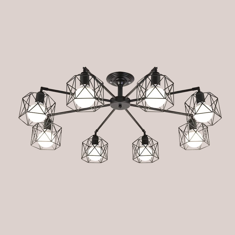 Iron Wire Cage Rotating Ceiling Chandelier Warehouse 4/6/8-Light Bedroom Pendant Lamp in Black Clearhalo 'Cast Iron' 'Ceiling Lights' 'Chandeliers' 'Industrial Chandeliers' 'Industrial' 'Metal' 'Middle Century Chandeliers' 'Rustic Chandeliers' 'Tiffany' Lighting' 1969006