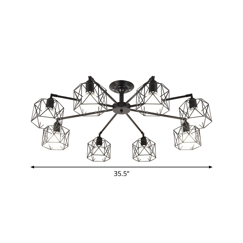 Iron Wire Cage Rotating Ceiling Chandelier Warehouse 4/6/8-Light Bedroom Pendant Lamp in Black Clearhalo 'Cast Iron' 'Ceiling Lights' 'Chandeliers' 'Industrial Chandeliers' 'Industrial' 'Metal' 'Middle Century Chandeliers' 'Rustic Chandeliers' 'Tiffany' Lighting' 1969007