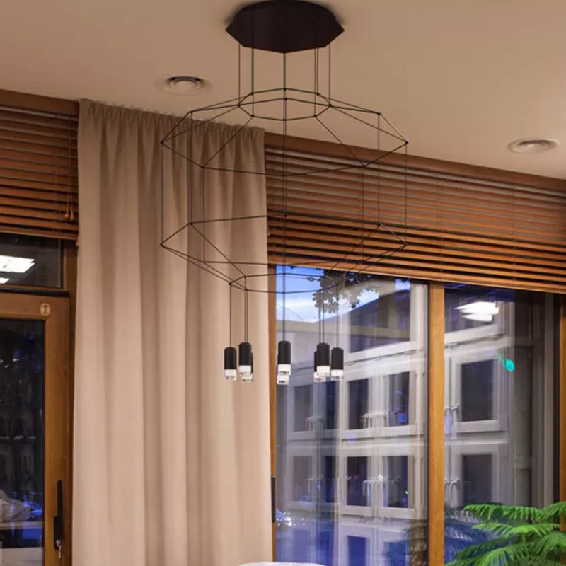 4/6/8 Heads Iron Pendant Light Industrial Black Hexagonal/Long Column 3D Structure Dining Room Chandelier Clearhalo 'Cast Iron' 'Ceiling Lights' 'Chandeliers' 'Industrial Chandeliers' 'Industrial' 'Metal' 'Middle Century Chandeliers' 'Rustic Chandeliers' 'Tiffany' Lighting' 1969010