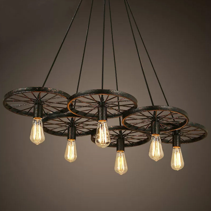 Black Wheel Chandelier Lamp Rustic Iron 3/6 Bulbs Living Room Hanging Ceiling Light Clearhalo 'Cast Iron' 'Ceiling Lights' 'Chandeliers' 'Industrial Chandeliers' 'Industrial' 'Metal' 'Middle Century Chandeliers' 'Rustic Chandeliers' 'Tiffany' Lighting' 1969031