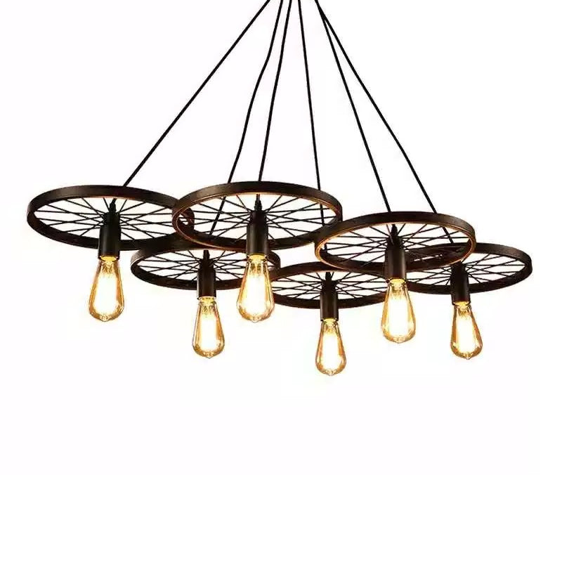 Black Wheel Chandelier Lamp Rustic Iron 3/6 Bulbs Living Room Hanging Ceiling Light Clearhalo 'Cast Iron' 'Ceiling Lights' 'Chandeliers' 'Industrial Chandeliers' 'Industrial' 'Metal' 'Middle Century Chandeliers' 'Rustic Chandeliers' 'Tiffany' Lighting' 1969032