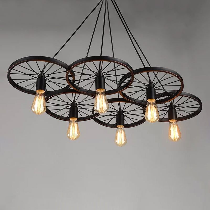 Black Wheel Chandelier Lamp Rustic Iron 3/6 Bulbs Living Room Hanging Ceiling Light Clearhalo 'Cast Iron' 'Ceiling Lights' 'Chandeliers' 'Industrial Chandeliers' 'Industrial' 'Metal' 'Middle Century Chandeliers' 'Rustic Chandeliers' 'Tiffany' Lighting' 1969033