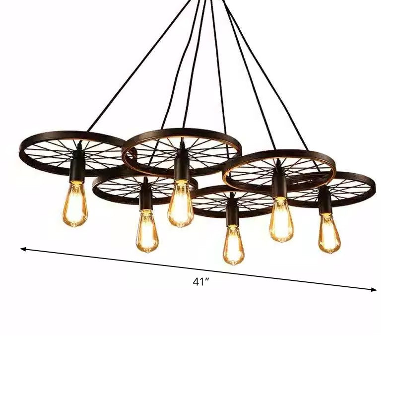 Black Wheel Chandelier Lamp Rustic Iron 3/6 Bulbs Living Room Hanging Ceiling Light Clearhalo 'Cast Iron' 'Ceiling Lights' 'Chandeliers' 'Industrial Chandeliers' 'Industrial' 'Metal' 'Middle Century Chandeliers' 'Rustic Chandeliers' 'Tiffany' Lighting' 1969034