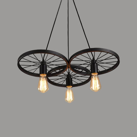 Black Wheel Chandelier Lamp Rustic Iron 3/6 Bulbs Living Room Hanging Ceiling Light Clearhalo 'Cast Iron' 'Ceiling Lights' 'Chandeliers' 'Industrial Chandeliers' 'Industrial' 'Metal' 'Middle Century Chandeliers' 'Rustic Chandeliers' 'Tiffany' Lighting' 1969036