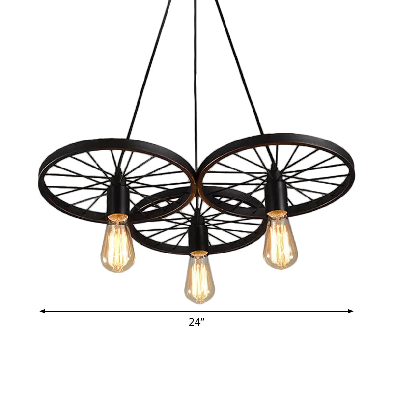 Black Wheel Chandelier Lamp Rustic Iron 3/6 Bulbs Living Room Hanging Ceiling Light Clearhalo 'Cast Iron' 'Ceiling Lights' 'Chandeliers' 'Industrial Chandeliers' 'Industrial' 'Metal' 'Middle Century Chandeliers' 'Rustic Chandeliers' 'Tiffany' Lighting' 1969037