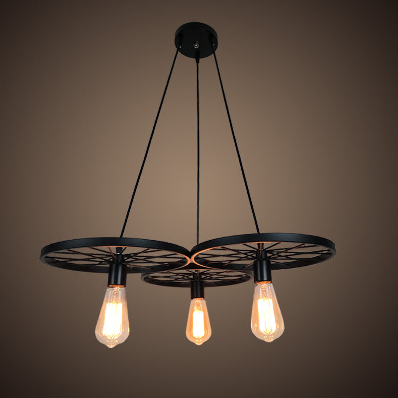 3/6 Lights Iron Hanging Chandelier Farmhouse Black Wheel Bistro Ceiling Pendant Lamp Clearhalo 'Cast Iron' 'Ceiling Lights' 'Chandeliers' 'Industrial Chandeliers' 'Industrial' 'Metal' 'Middle Century Chandeliers' 'Rustic Chandeliers' 'Tiffany' Lighting' 1969039