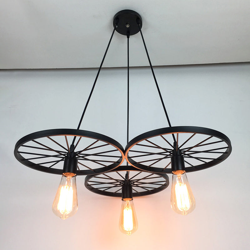 3/6 Lights Iron Hanging Chandelier Farmhouse Black Wheel Bistro Ceiling Pendant Lamp Clearhalo 'Cast Iron' 'Ceiling Lights' 'Chandeliers' 'Industrial Chandeliers' 'Industrial' 'Metal' 'Middle Century Chandeliers' 'Rustic Chandeliers' 'Tiffany' Lighting' 1969040