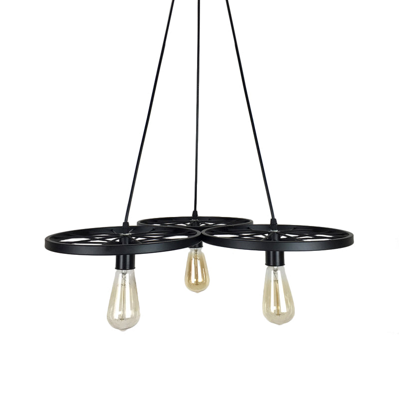 3/6 Lights Iron Hanging Chandelier Farmhouse Black Wheel Bistro Ceiling Pendant Lamp Clearhalo 'Cast Iron' 'Ceiling Lights' 'Chandeliers' 'Industrial Chandeliers' 'Industrial' 'Metal' 'Middle Century Chandeliers' 'Rustic Chandeliers' 'Tiffany' Lighting' 1969042