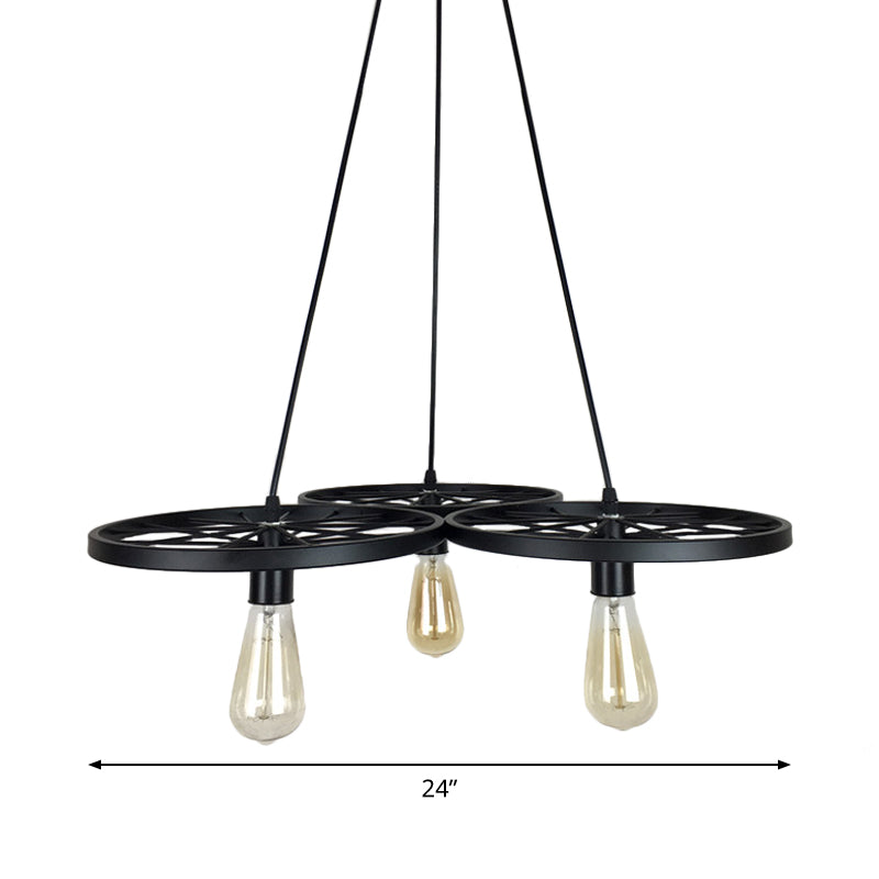 3/6 Lights Iron Hanging Chandelier Farmhouse Black Wheel Bistro Ceiling Pendant Lamp Clearhalo 'Cast Iron' 'Ceiling Lights' 'Chandeliers' 'Industrial Chandeliers' 'Industrial' 'Metal' 'Middle Century Chandeliers' 'Rustic Chandeliers' 'Tiffany' Lighting' 1969043