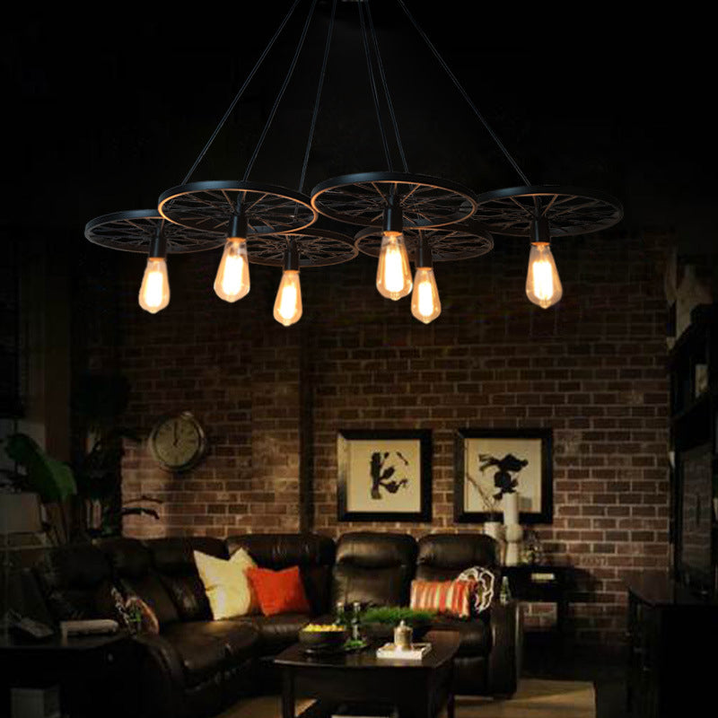 3/6 Lights Iron Hanging Chandelier Farmhouse Black Wheel Bistro Ceiling Pendant Lamp Clearhalo 'Cast Iron' 'Ceiling Lights' 'Chandeliers' 'Industrial Chandeliers' 'Industrial' 'Metal' 'Middle Century Chandeliers' 'Rustic Chandeliers' 'Tiffany' Lighting' 1969045